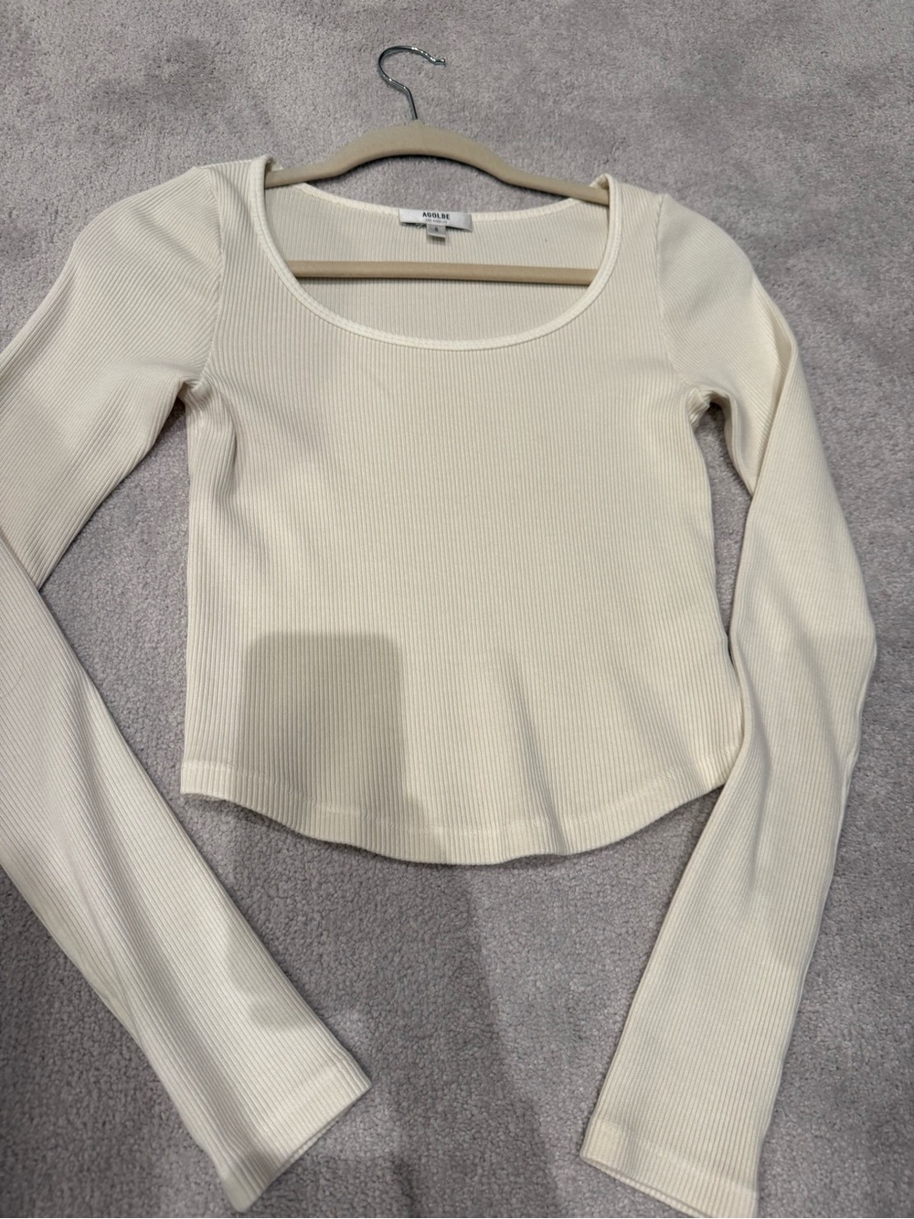 Agolde Cream Ribbed Scoop Neck Long Sleeve Top